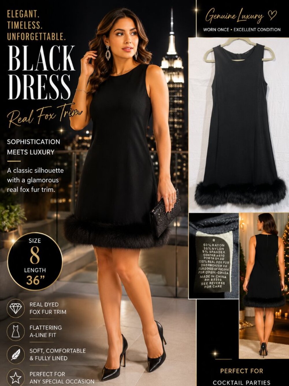 Black Sleeveless Dress Real Fox Fur Trim Size 8 Cocktail Party Holiday Excellent